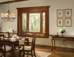 Bay Window with Woodgrain and Decorative Glass